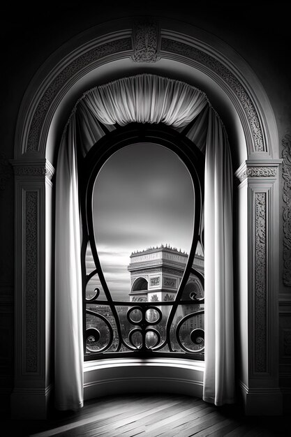 Photo a window with a view of a building and a gate with a view of the city.