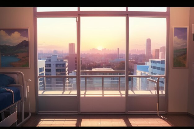 A window with a view of a city in the background