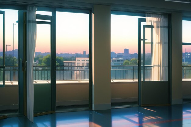 A window with a view of a city in the background