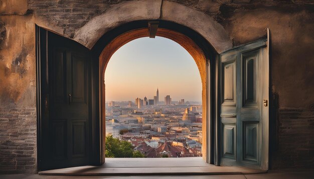 Photo a window with a view of a city and the city in the background