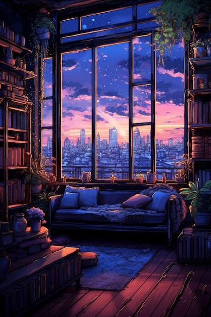 A window with a view of a city and a couch with a book on it.