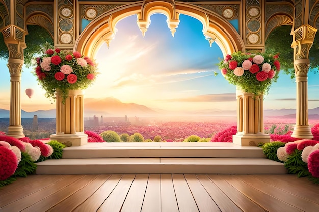 Window with a view of a city and flowers on the window sill.