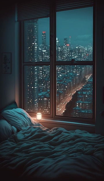 A window with a view of a city and a lamp