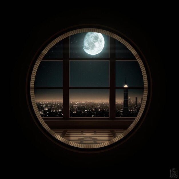 A window with a view of a city and the moon.