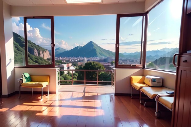 A window with a view of a city and mountains in the background.