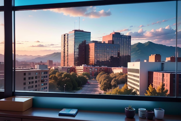 Photo a window with a view of the city and mountains in the background.