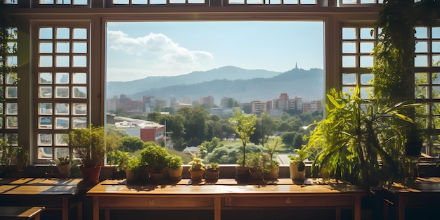 a window with a view of a city and mountains Window view from school window