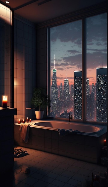 A window with a view of the city at night