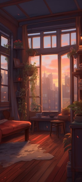 도시와 식물이 보이는 창문.