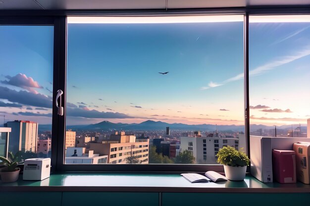 A window with a view of a city and a plant on it