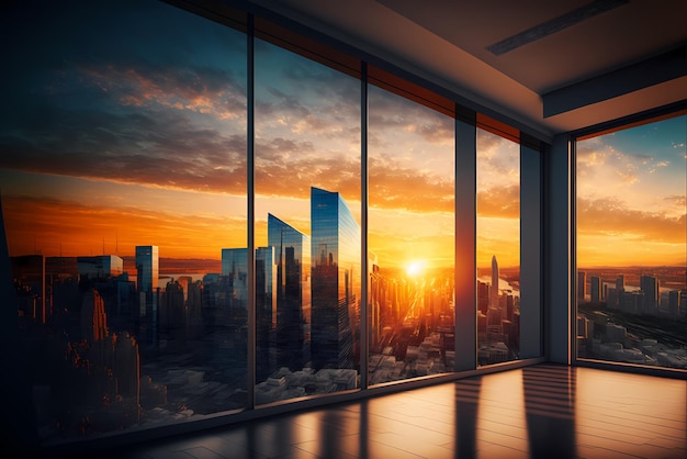 A window with a view of a city at sunset