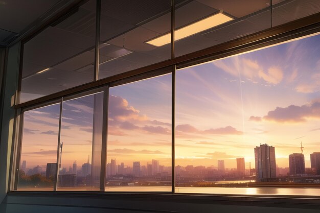 A window with a view of the city at sunset