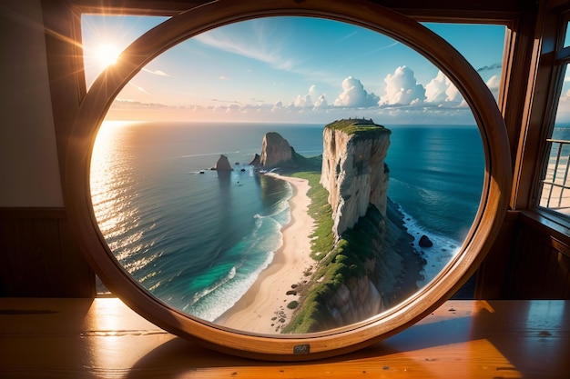 A window with a view of a cliff and the ocean.