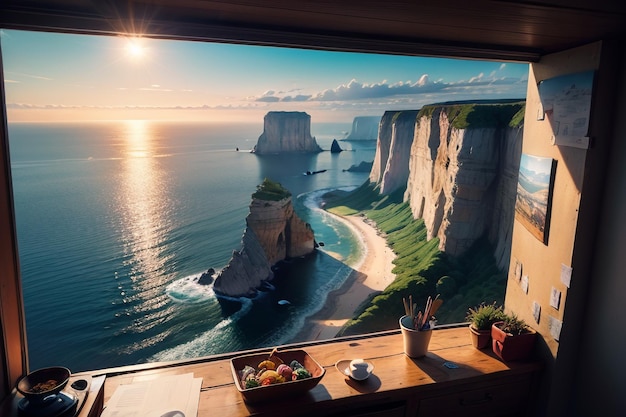 A window with a view of a cliff and a table with a book on it.