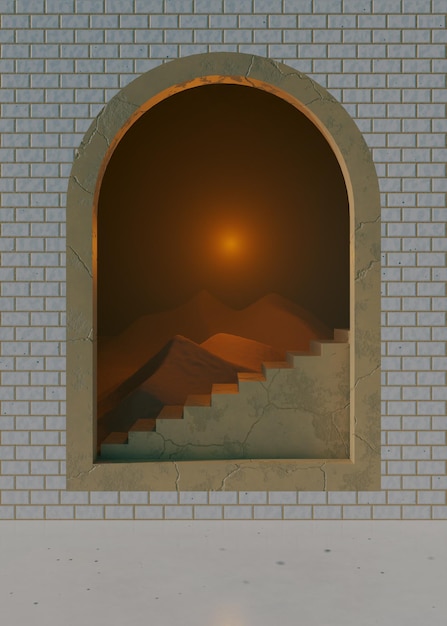 A window with a view of the desert and the sun