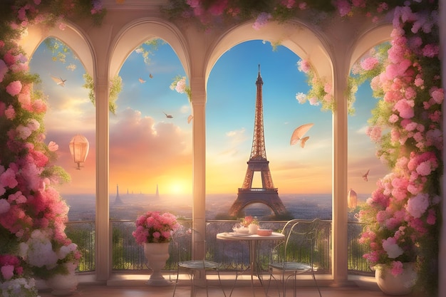 a window with a view of the eiffel tower at sunset