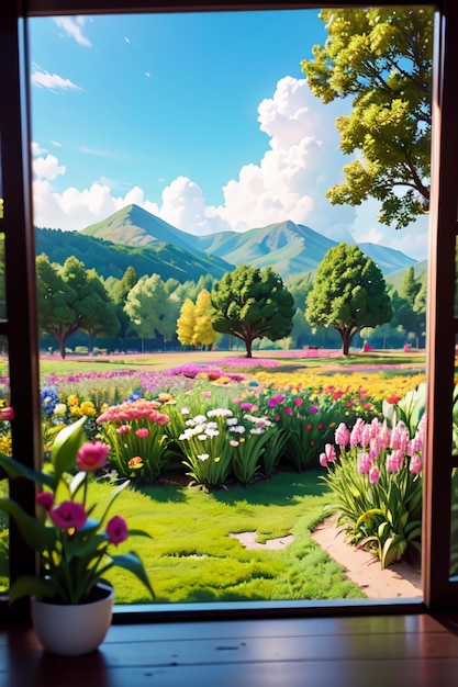 A window with a view of a field of flowers.