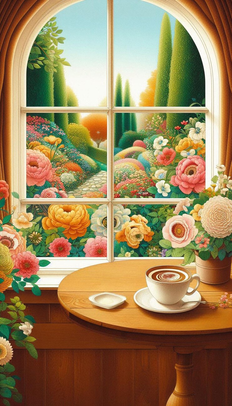 Photo a window with a view of flowers and a cup of coffee