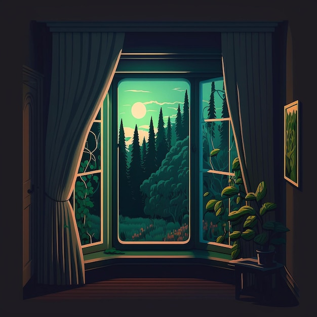 A window with a view of a forest and a plant on the left side.