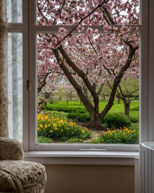 a window with a view of a garden and flowers on the outside
