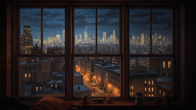 Photo a window with a view of manhattan at night.