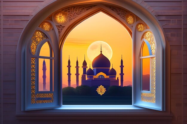 A window with a view of a mosque and the sun setting behind it