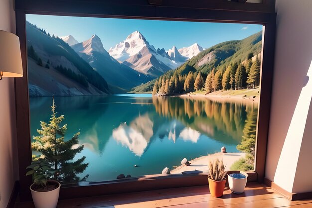 A window with a view of a mountain lake and mountains.