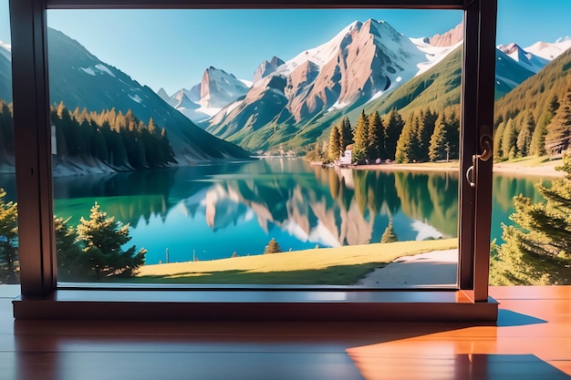 A window with a view of a mountain and a lake.