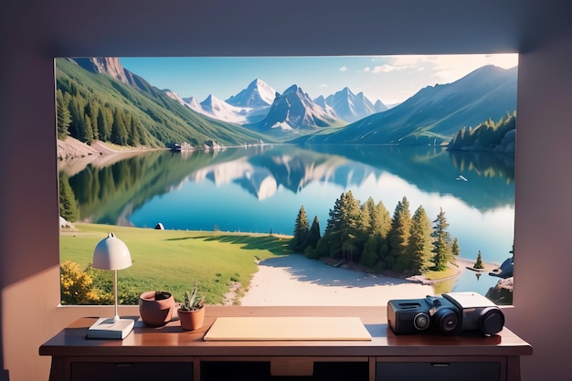 A window with a view of a mountain and a lake.