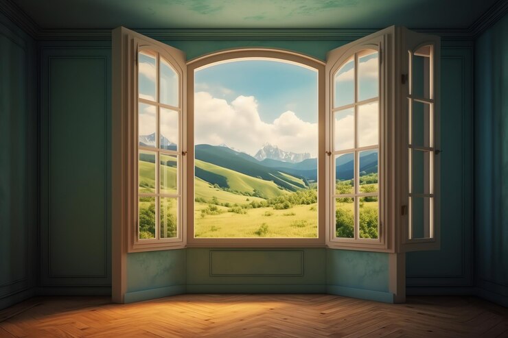 Photo a window with a view of a mountain landscape