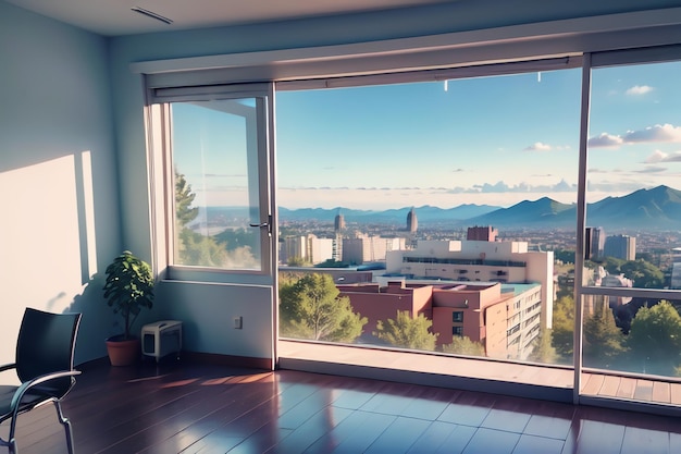 A window with a view of a mountain range in the background