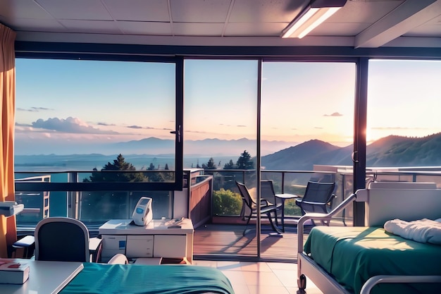 A window with a view of mountains and a bed