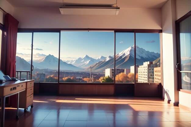 Photo a window with a view of the mountains and a city