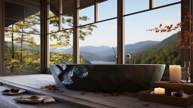 Photo a window with a view of mountains and a large tub with a view of mountains in the background
