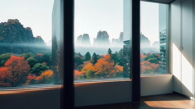 A window with a view of the mountains