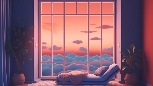 A window with a view of the ocean and a bed with a pillow on it.