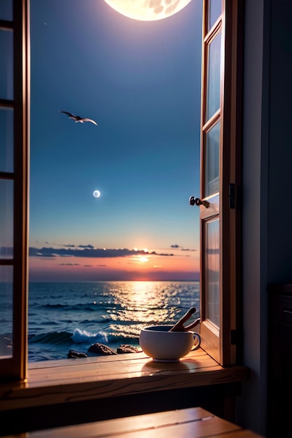 A window with a view of the ocean and a bowl of tea and a spoon on the table.