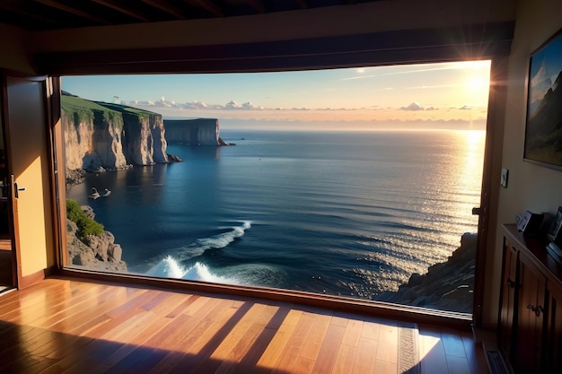 A window with a view of the ocean and cliffs.