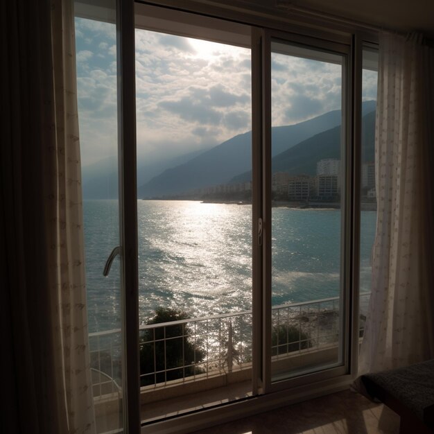 A window with a view of the ocean and mountains in the background.