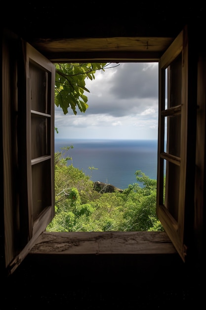 A window with a view of the ocean and the sky