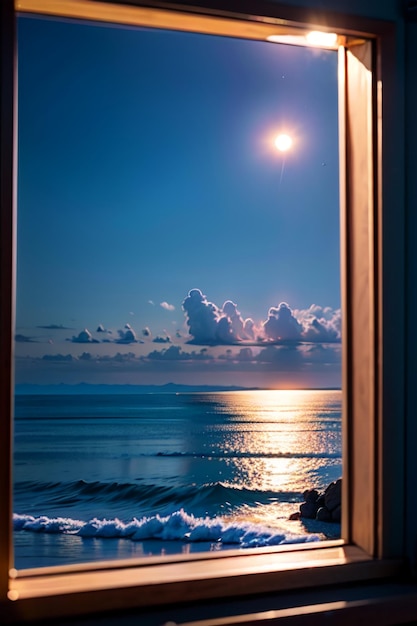A window with a view of the ocean and the sun shining through it.