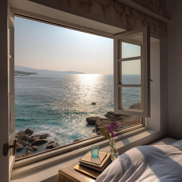 A window with a view of the ocean and the sun shining on the water.