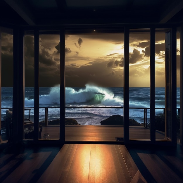 A window with a view of the ocean and a sunset.