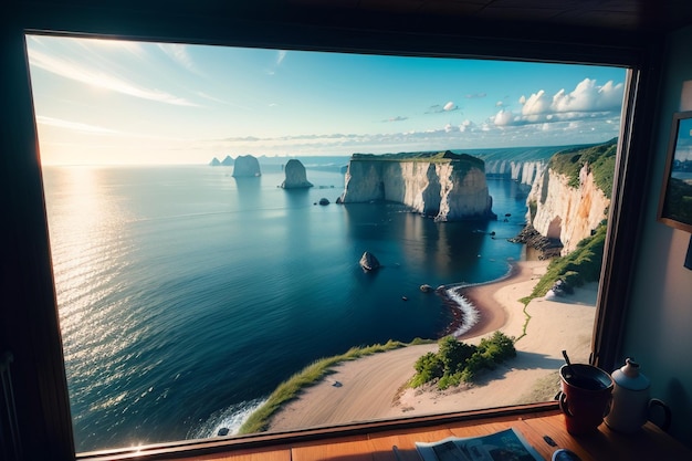 A window with a view of the sea and a cliff on the horizon.