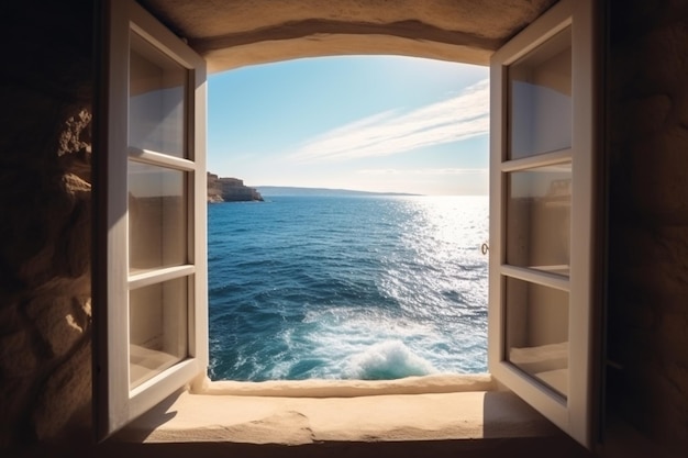 A window with a view of the sea and the sky