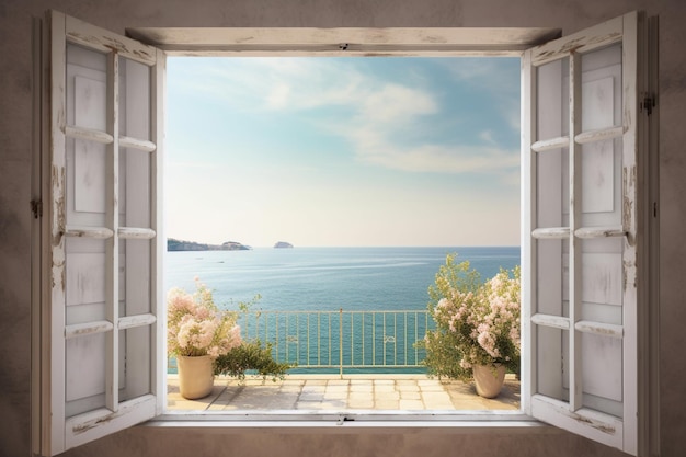 A window with a view of the sea and the sky