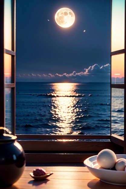 A window with a view of the sea and the sun shining through it.