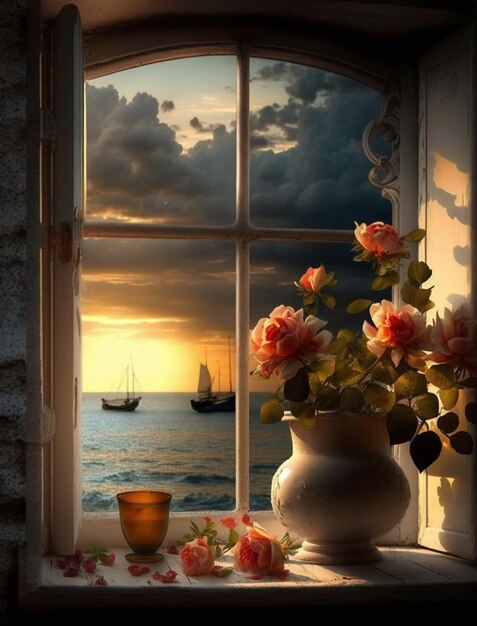 A window with a view of the sea and a vase of flowers.