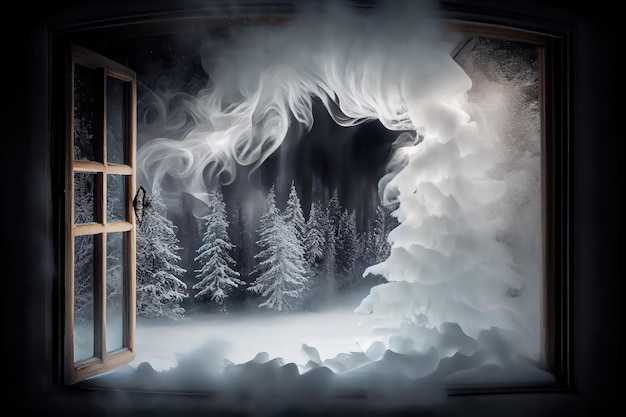 Window with a view of snowcovered forest smoke curls from the chimney