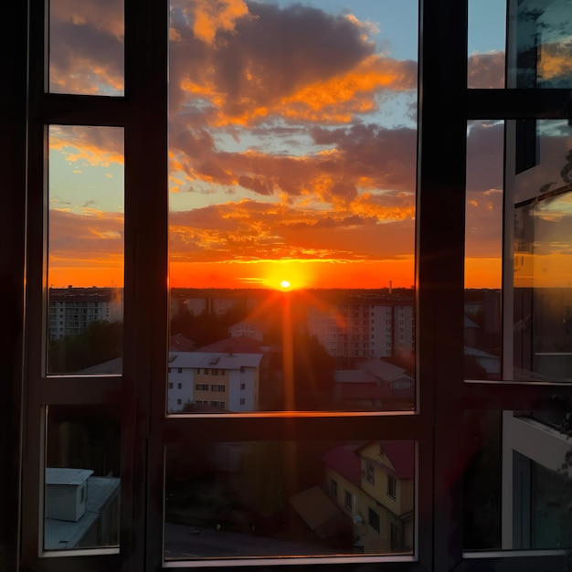 A window with a view of the sunset from a window.